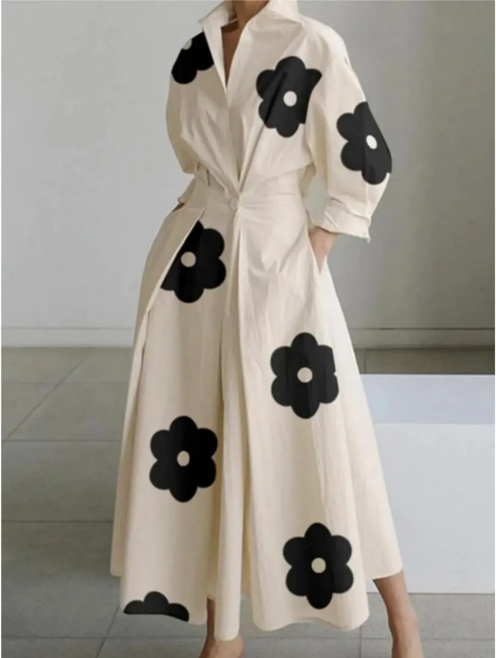Cotton Linen Shirt Dress for Womens Pleated Button Long Dress Long Sleeve A-line Loose Swing Dress with Pockets