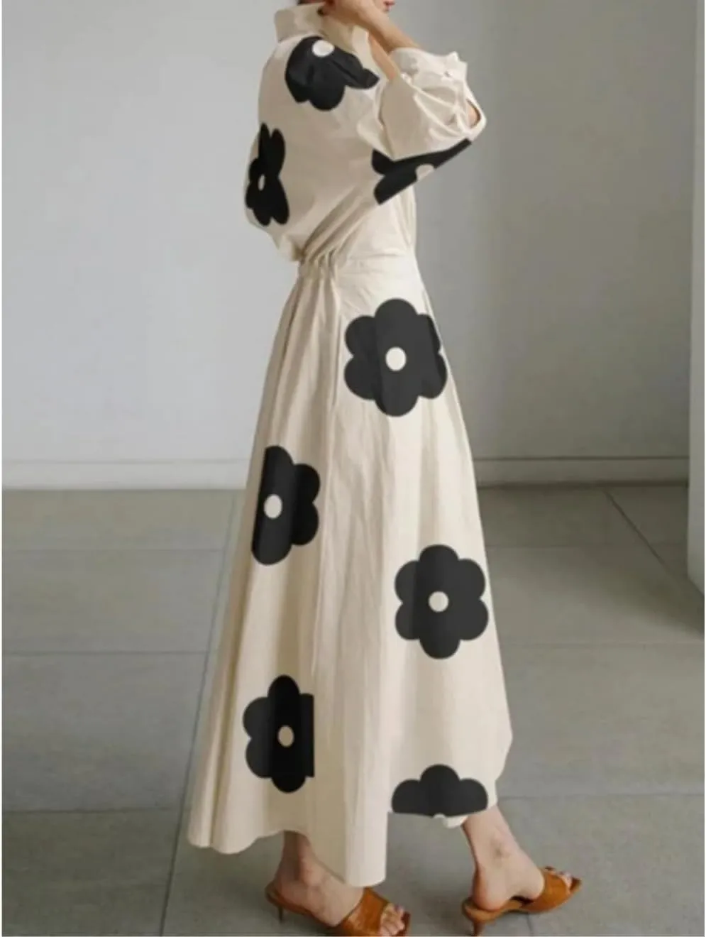 Cotton Linen Shirt Dress for Womens Pleated Button Long Dress Long Sleeve A-line Loose Swing Dress with Pockets