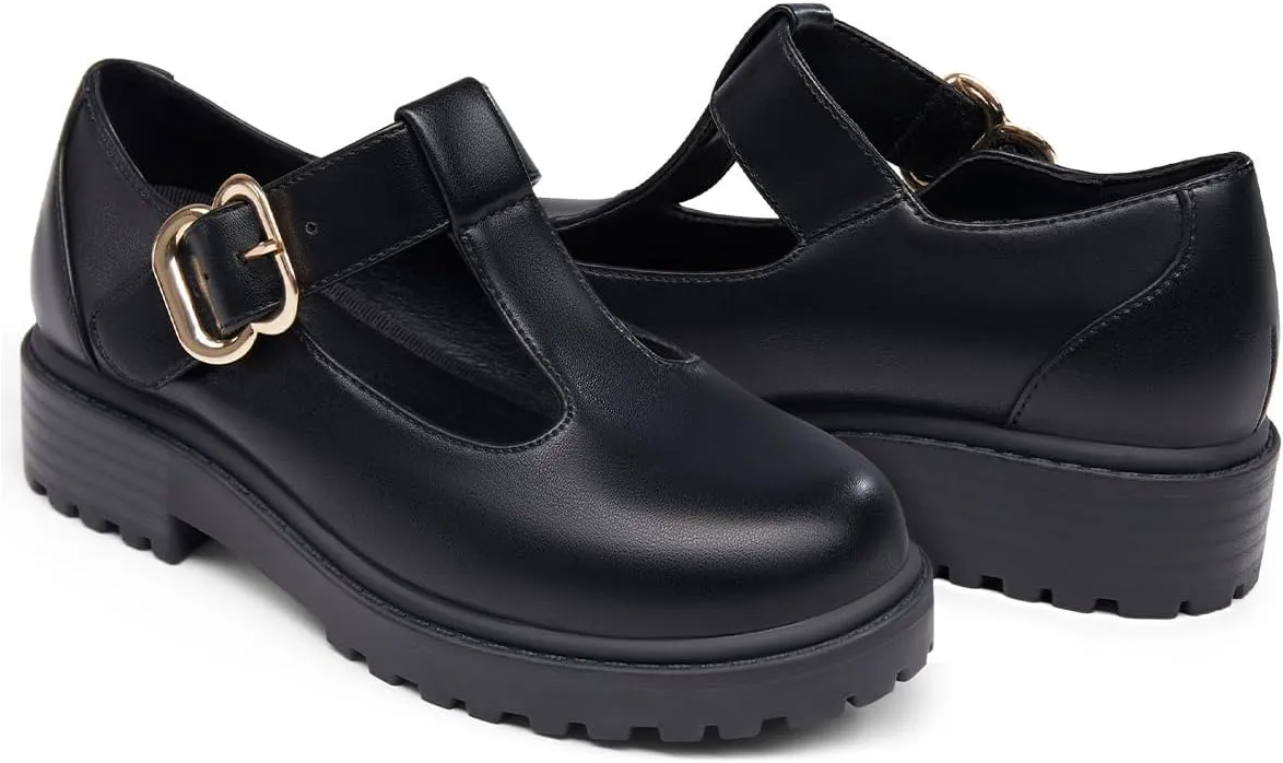 Coutgo Girls Mary Jane Dress Shoes Platform Loafers School Uniform Chunky Heel Closed Toe T-Strap Flats