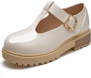 Coutgo Girls Mary Jane Dress Shoes Platform Loafers School Uniform Chunky Heel Closed Toe T-Strap Flats