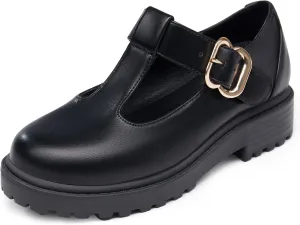 Coutgo Girls Mary Jane Dress Shoes Platform Loafers School Uniform Chunky Heel Closed Toe T-Strap Flats