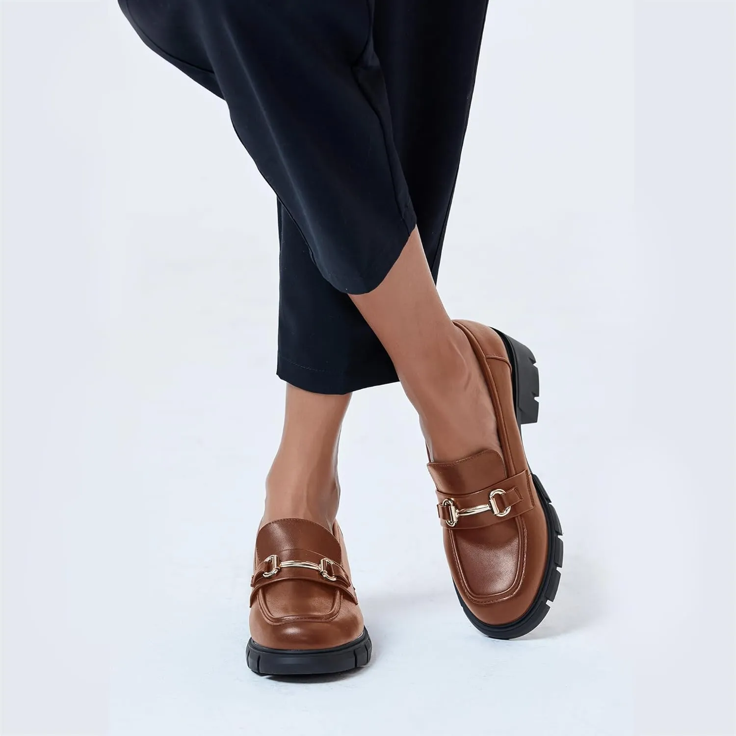 Coutgo Womens Chunky Platform Lug Sole Loafers Mid Heel Square Toe Dress Walking Work Shoes with Buckle Chain