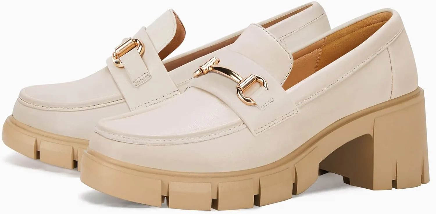 Coutgo Womens Chunky Platform Lug Sole Loafers Mid Heel Square Toe Dress Walking Work Shoes with Buckle Chain