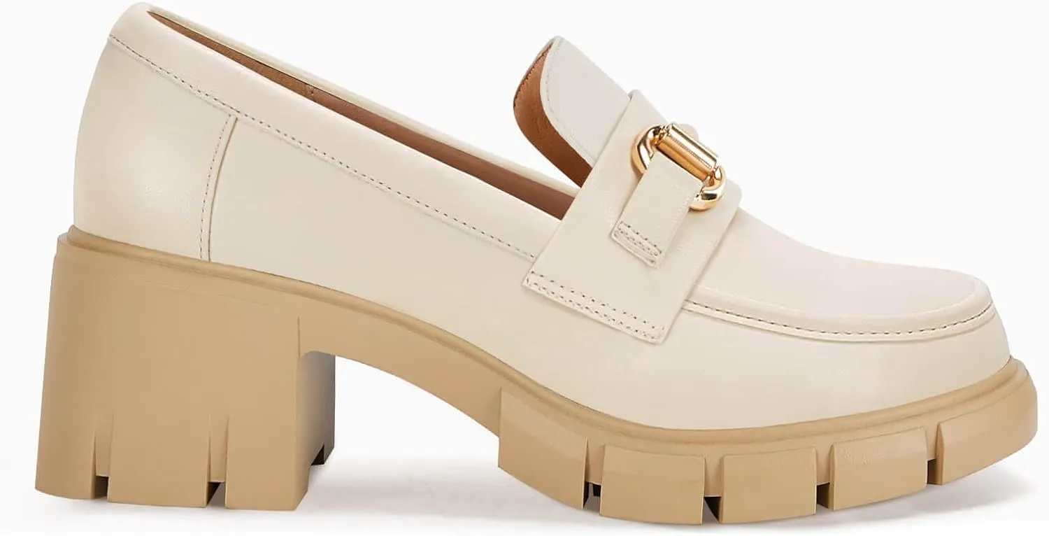 Coutgo Womens Chunky Platform Lug Sole Loafers Mid Heel Square Toe Dress Walking Work Shoes with Buckle Chain