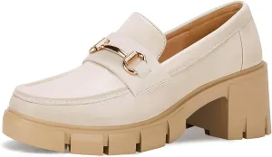 Coutgo Womens Chunky Platform Lug Sole Loafers Mid Heel Square Toe Dress Walking Work Shoes with Buckle Chain