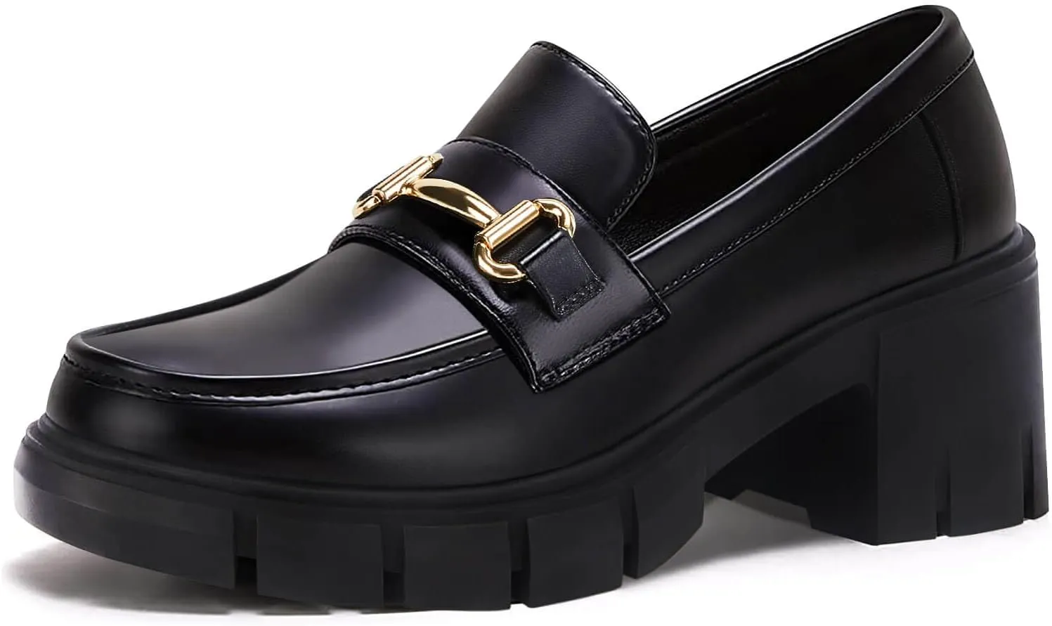 Coutgo Womens Chunky Platform Lug Sole Loafers Mid Heel Square Toe Dress Walking Work Shoes with Buckle Chain