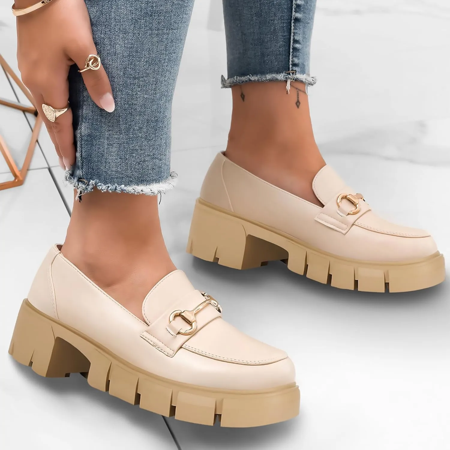 Coutgo Womens Chunky Platform Lug Sole Loafers Mid Heel Square Toe Dress Walking Work Shoes with Buckle Chain