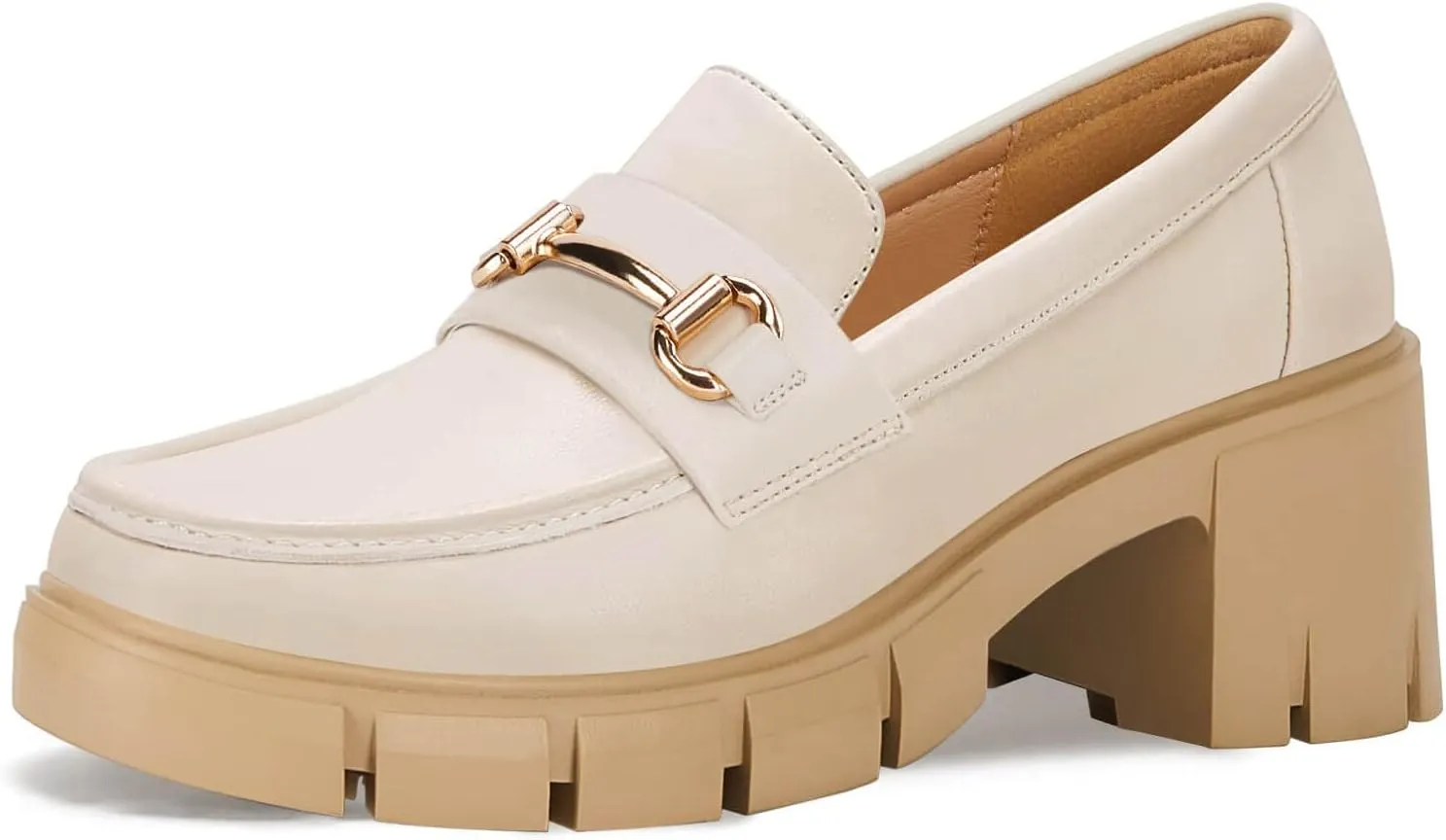 Coutgo Womens Chunky Platform Lug Sole Loafers Mid Heel Square Toe Dress Walking Work Shoes with Buckle Chain