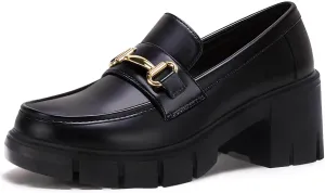 Coutgo Womens Chunky Platform Lug Sole Loafers Mid Heel Square Toe Dress Walking Work Shoes with Buckle Chain