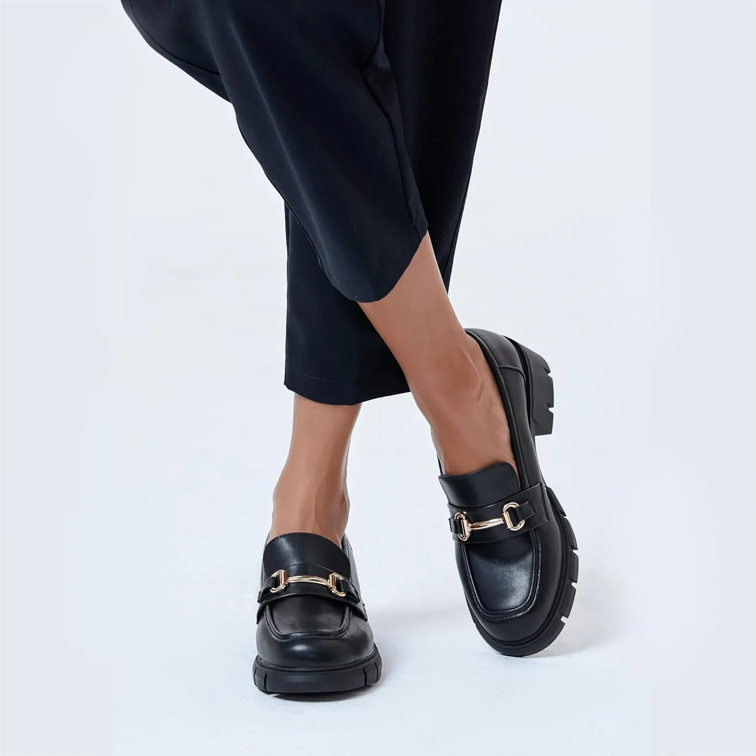Coutgo Womens Chunky Platform Lug Sole Loafers Mid Heel Square Toe Dress Walking Work Shoes with Buckle Chain