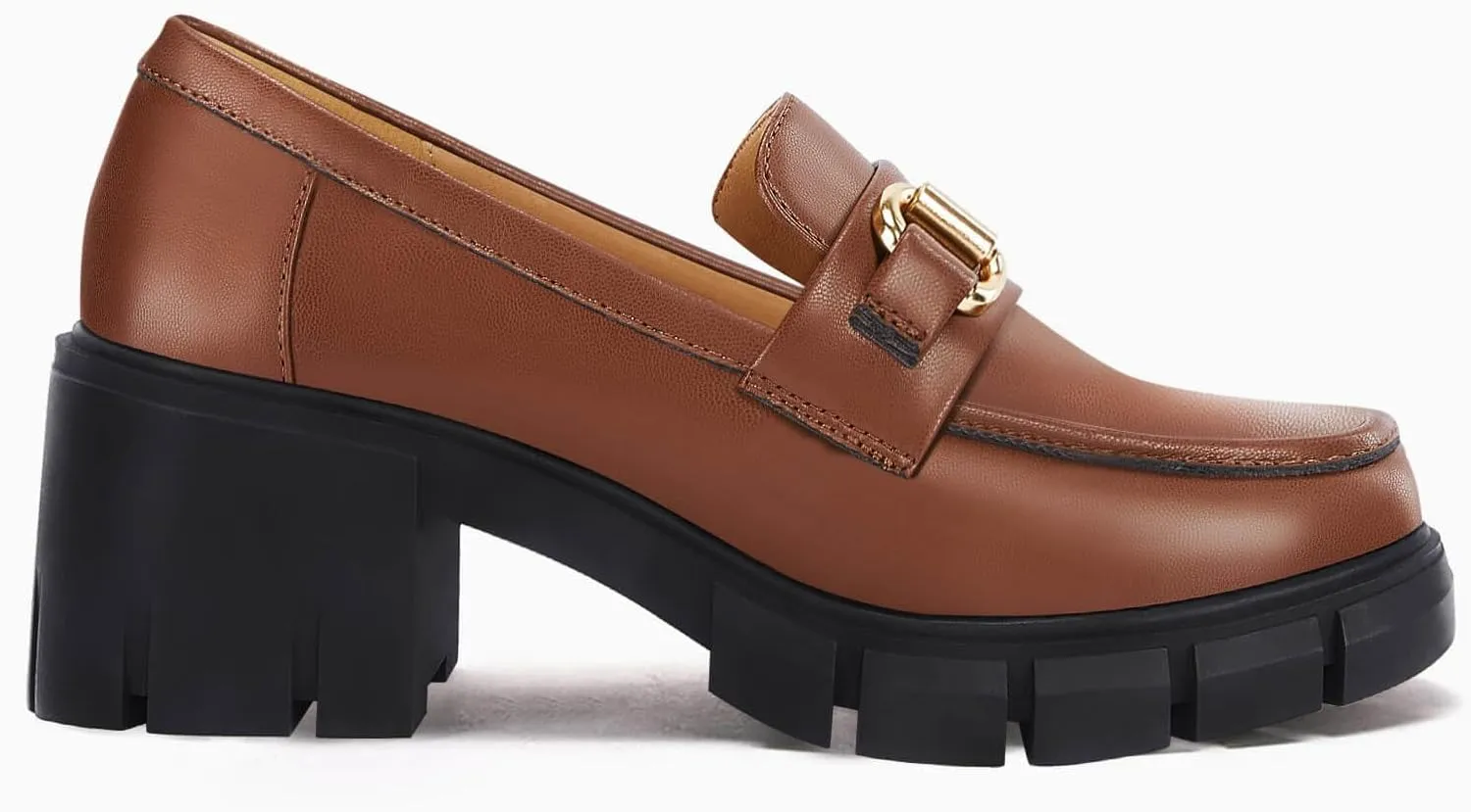 Coutgo Womens Chunky Platform Lug Sole Loafers Mid Heel Square Toe Dress Walking Work Shoes with Buckle Chain