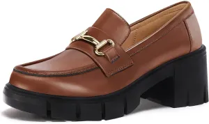 Coutgo Womens Chunky Platform Lug Sole Loafers Mid Heel Square Toe Dress Walking Work Shoes with Buckle Chain