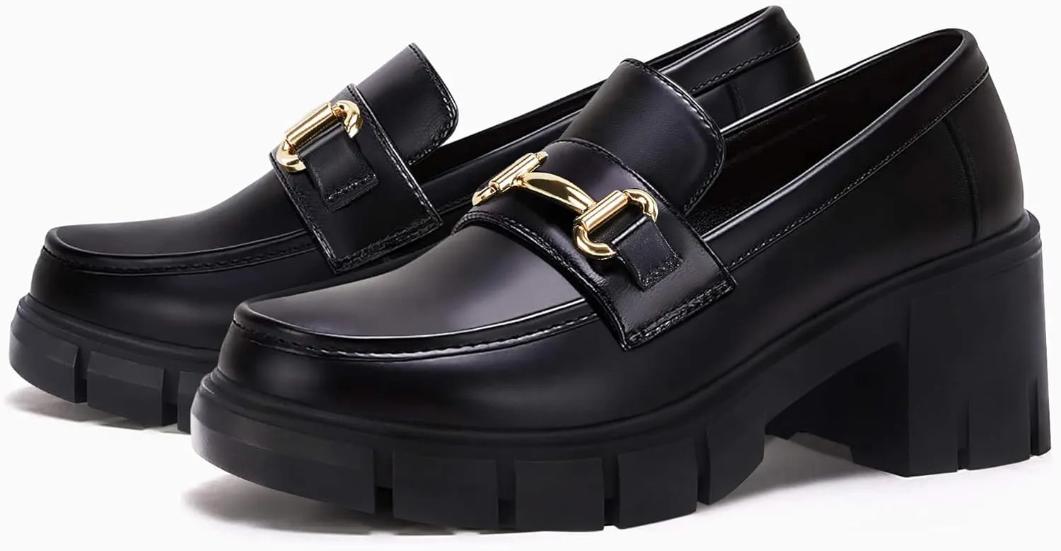 Coutgo Womens Chunky Platform Lug Sole Loafers Mid Heel Square Toe Dress Walking Work Shoes with Buckle Chain