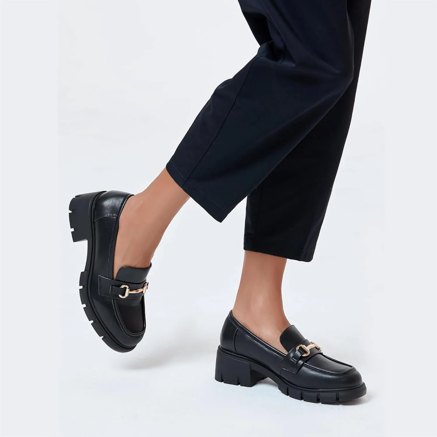 Coutgo Womens Chunky Platform Lug Sole Loafers Mid Heel Square Toe Dress Walking Work Shoes with Buckle Chain