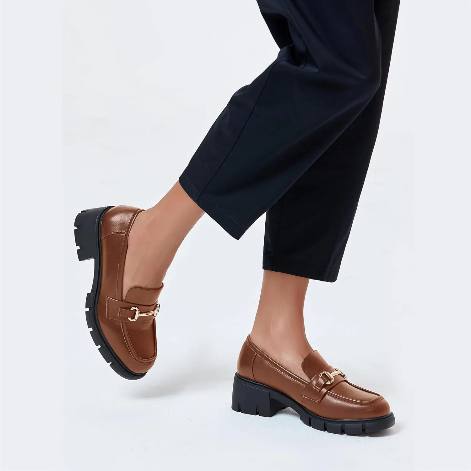 Coutgo Womens Chunky Platform Lug Sole Loafers Mid Heel Square Toe Dress Walking Work Shoes with Buckle Chain