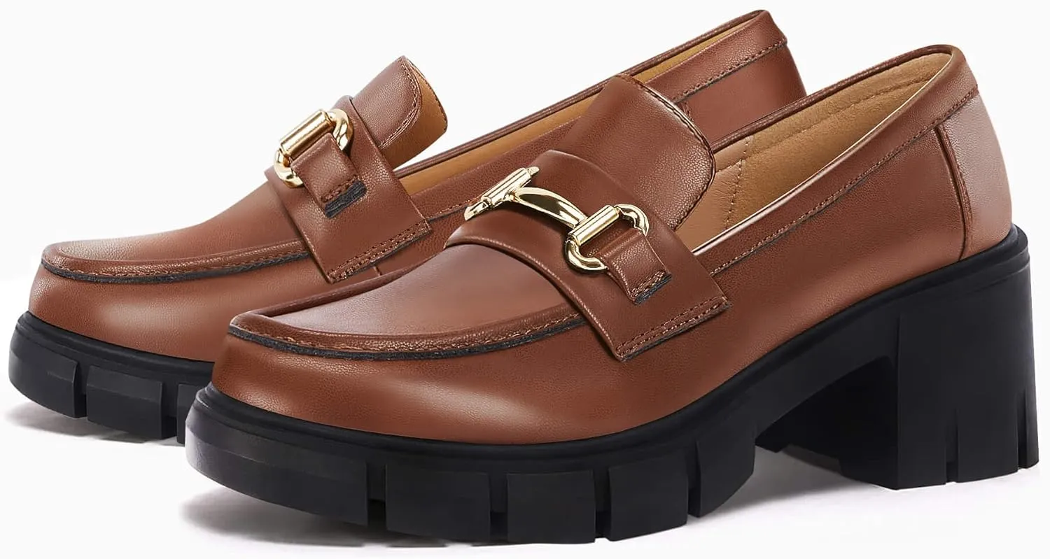 Coutgo Womens Chunky Platform Lug Sole Loafers Mid Heel Square Toe Dress Walking Work Shoes with Buckle Chain