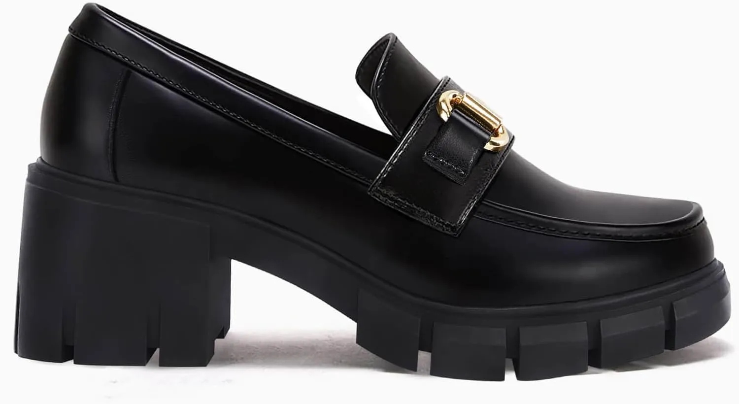 Coutgo Womens Chunky Platform Lug Sole Loafers Mid Heel Square Toe Dress Walking Work Shoes with Buckle Chain