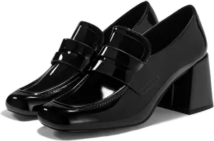 Coutgo Womens Loafer Heels Block Chunky Heeled Penny Loafers Slip On Square Toe Business Work Dress Shoes