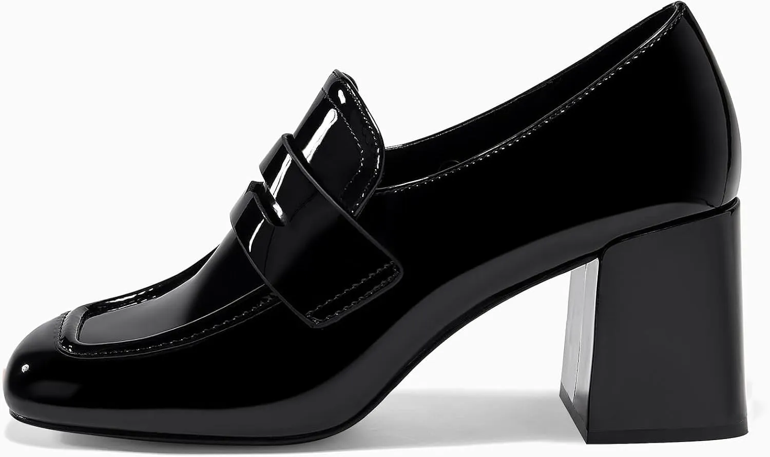 Coutgo Womens Loafer Heels Block Chunky Heeled Penny Loafers Slip On Square Toe Business Work Dress Shoes