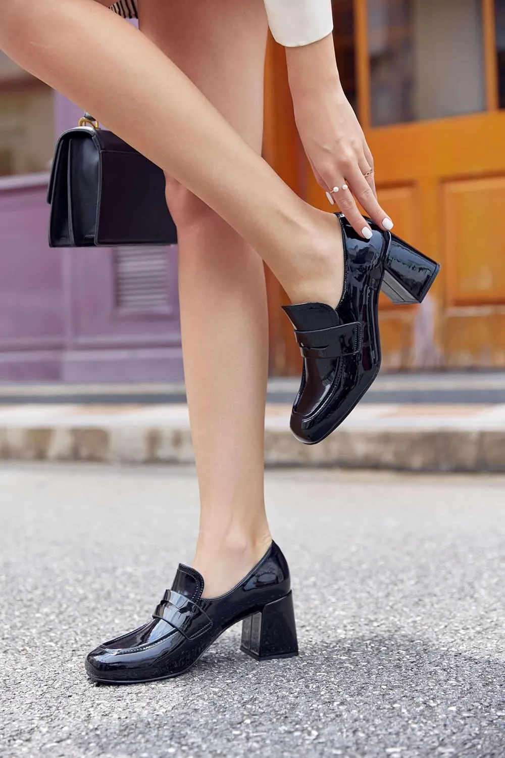 Coutgo Womens Loafer Heels Block Chunky Heeled Penny Loafers Slip On Square Toe Business Work Dress Shoes