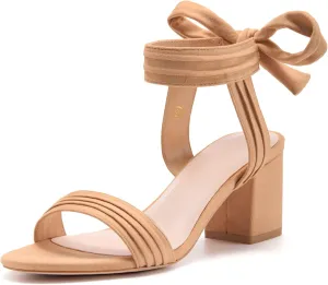 Coutgo Womens Open Toe Ankle Tie Back Low Block Chunky Heels Sandals Party Dress Pumps Shoes