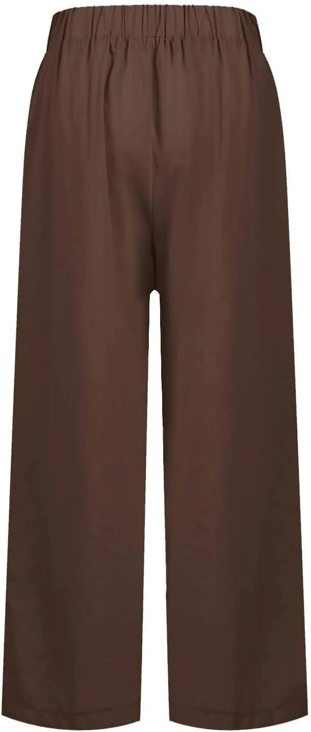 Cropped Linen Pants Women Summer Elastic Waist Straight Leg Plus Size Crop Pants Casual Beach Trousers with Pockets