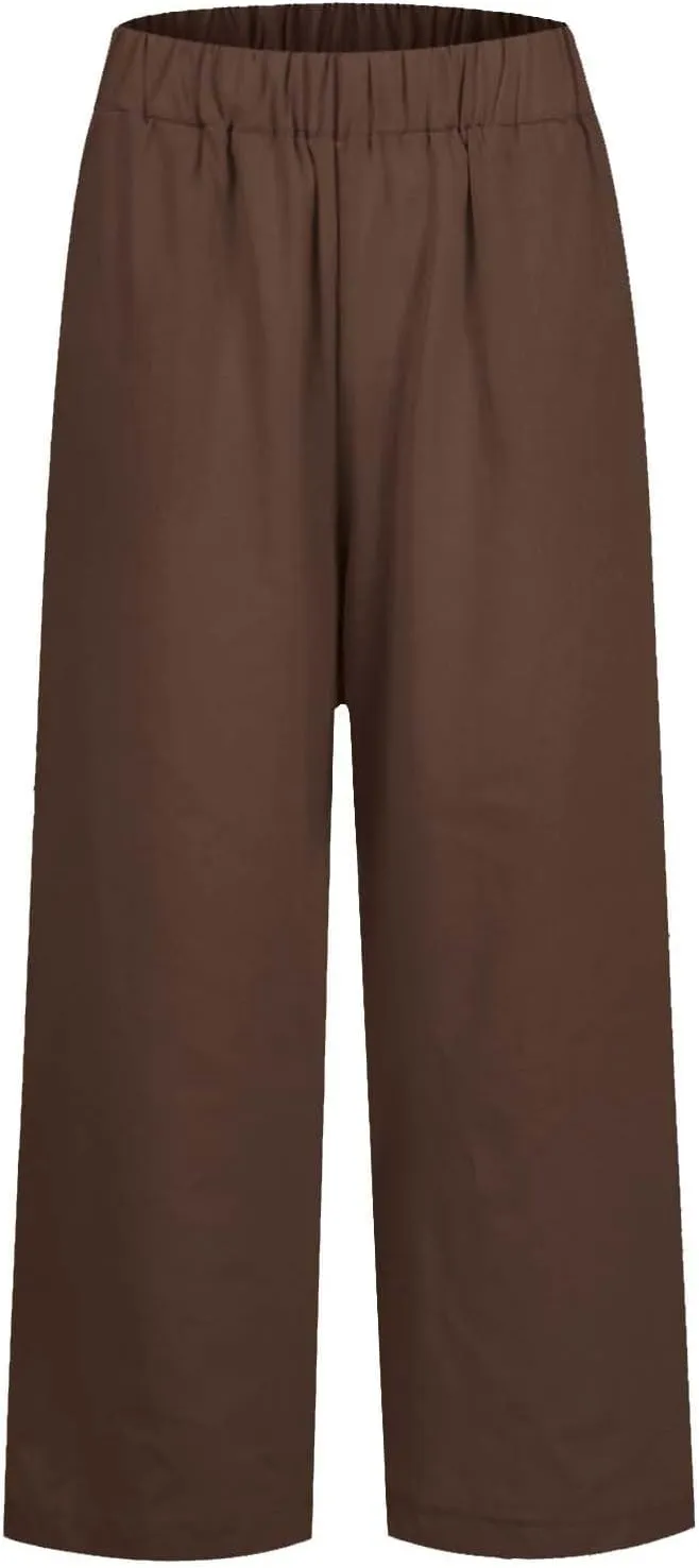 Cropped Linen Pants Women Summer Elastic Waist Straight Leg Plus Size Crop Pants Casual Beach Trousers with Pockets