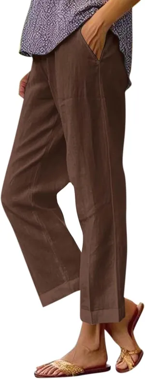 Cropped Linen Pants Women Summer Elastic Waist Straight Leg Plus Size Crop Pants Casual Beach Trousers with Pockets