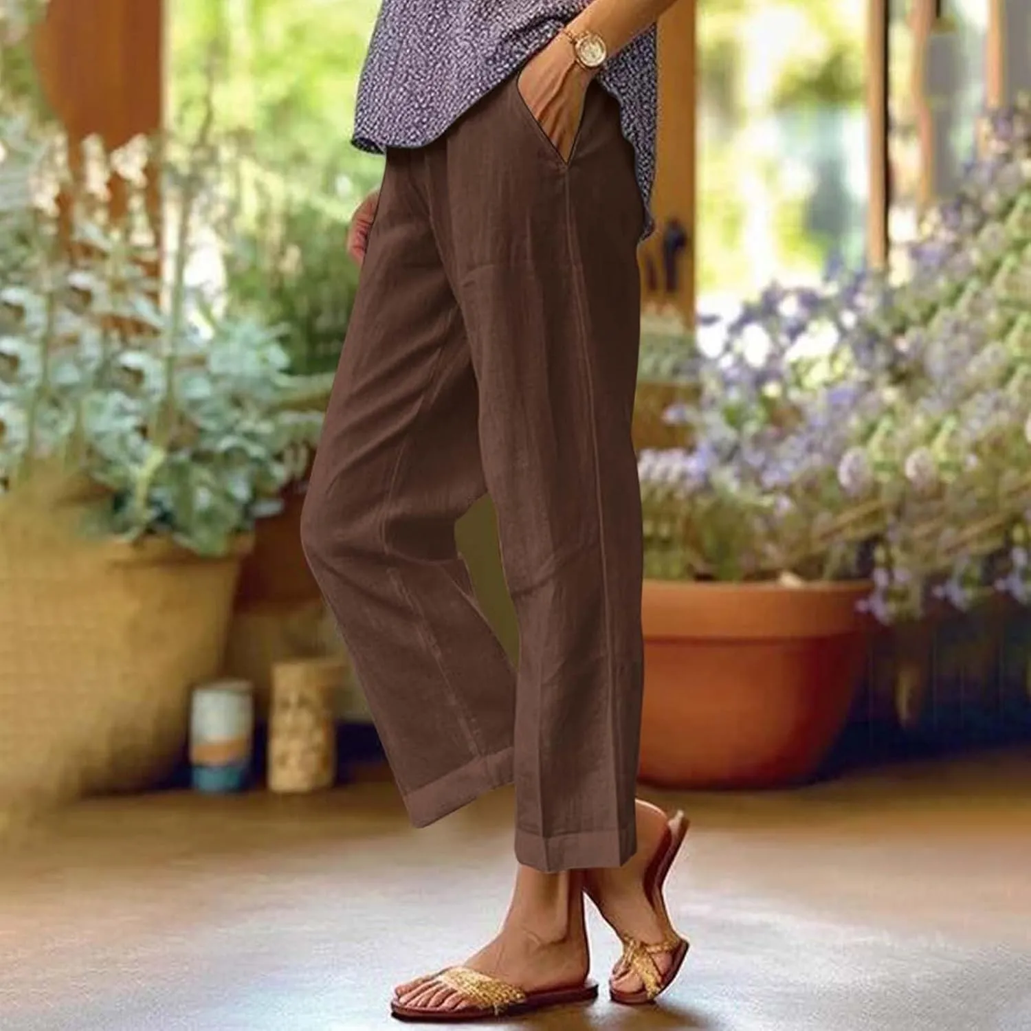 Cropped Linen Pants Women Summer Elastic Waist Straight Leg Plus Size Crop Pants Casual Beach Trousers with Pockets