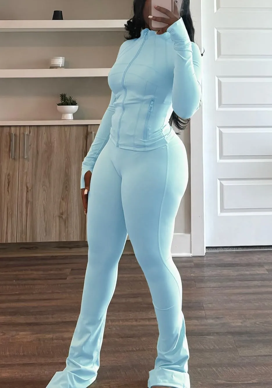 cu4eve Womens Two Piece Outfits Fall Workout Zip Up Sweatshirt And Jogger Flare Yoga Pants Gym Sweat Suits 2 Piece Set