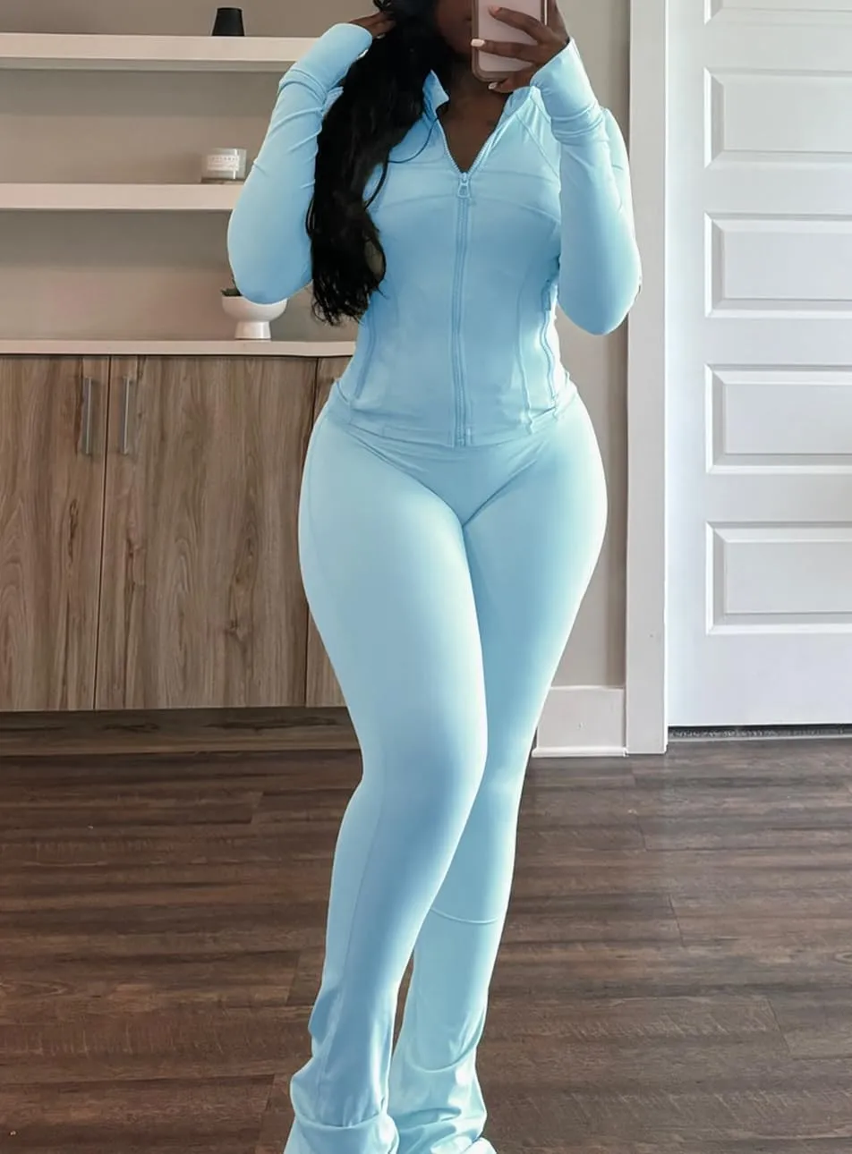 cu4eve Womens Two Piece Outfits Fall Workout Zip Up Sweatshirt And Jogger Flare Yoga Pants Gym Sweat Suits 2 Piece Set