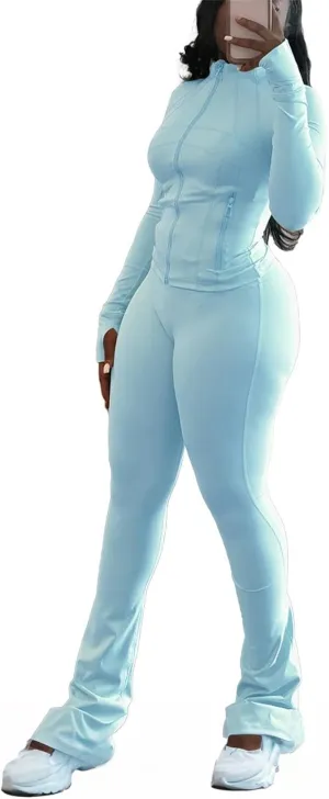 cu4eve Womens Two Piece Outfits Fall Workout Zip Up Sweatshirt And Jogger Flare Yoga Pants Gym Sweat Suits 2 Piece Set