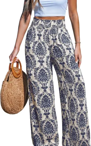 CUPSHE Womens Wide Leg Pants Elastic High Waisted Beach Trousers Cotton Linen Summer Palazzo