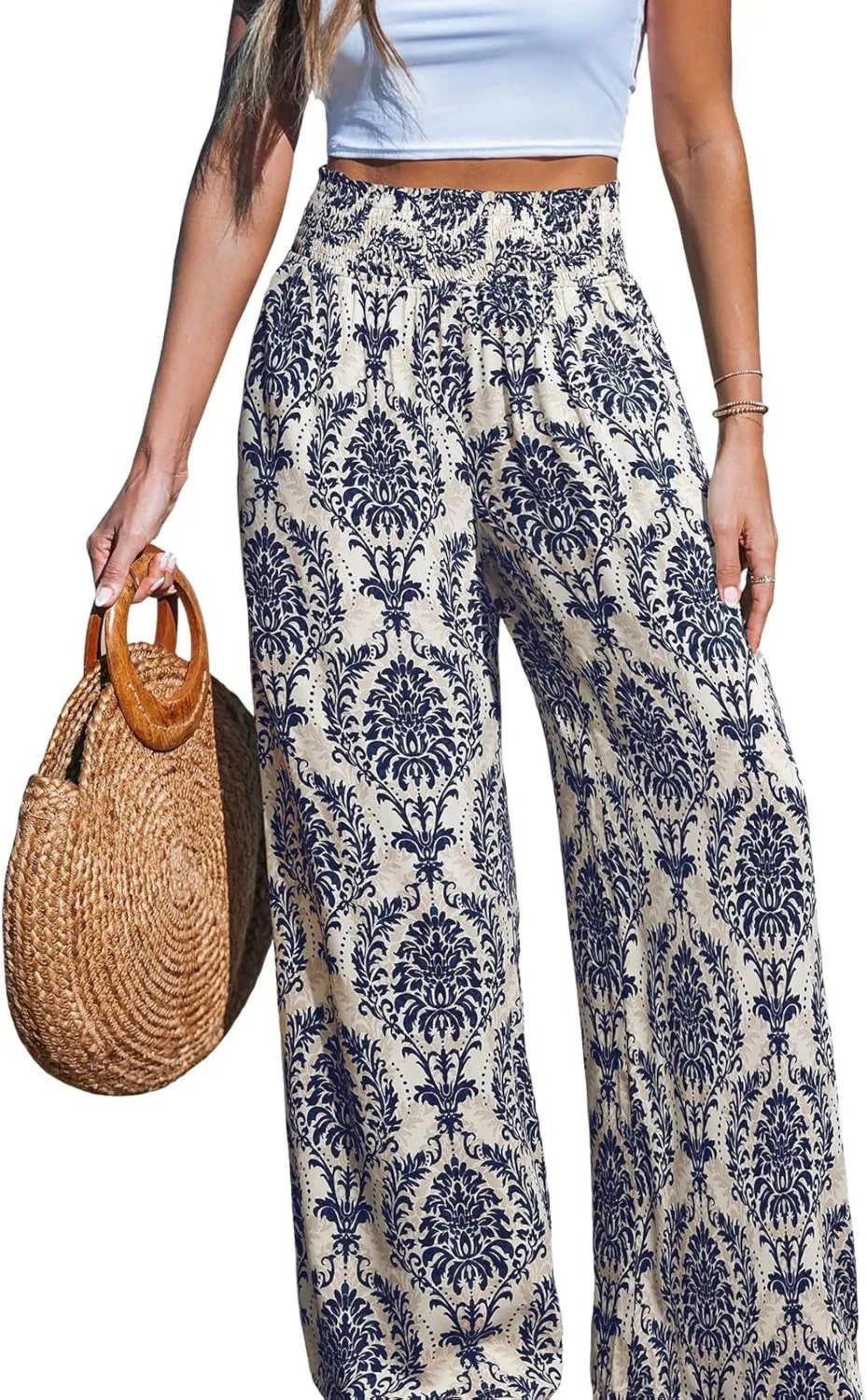 CUPSHE Womens Wide Leg Pants Elastic High Waisted Beach Trousers Cotton Linen Summer Palazzo