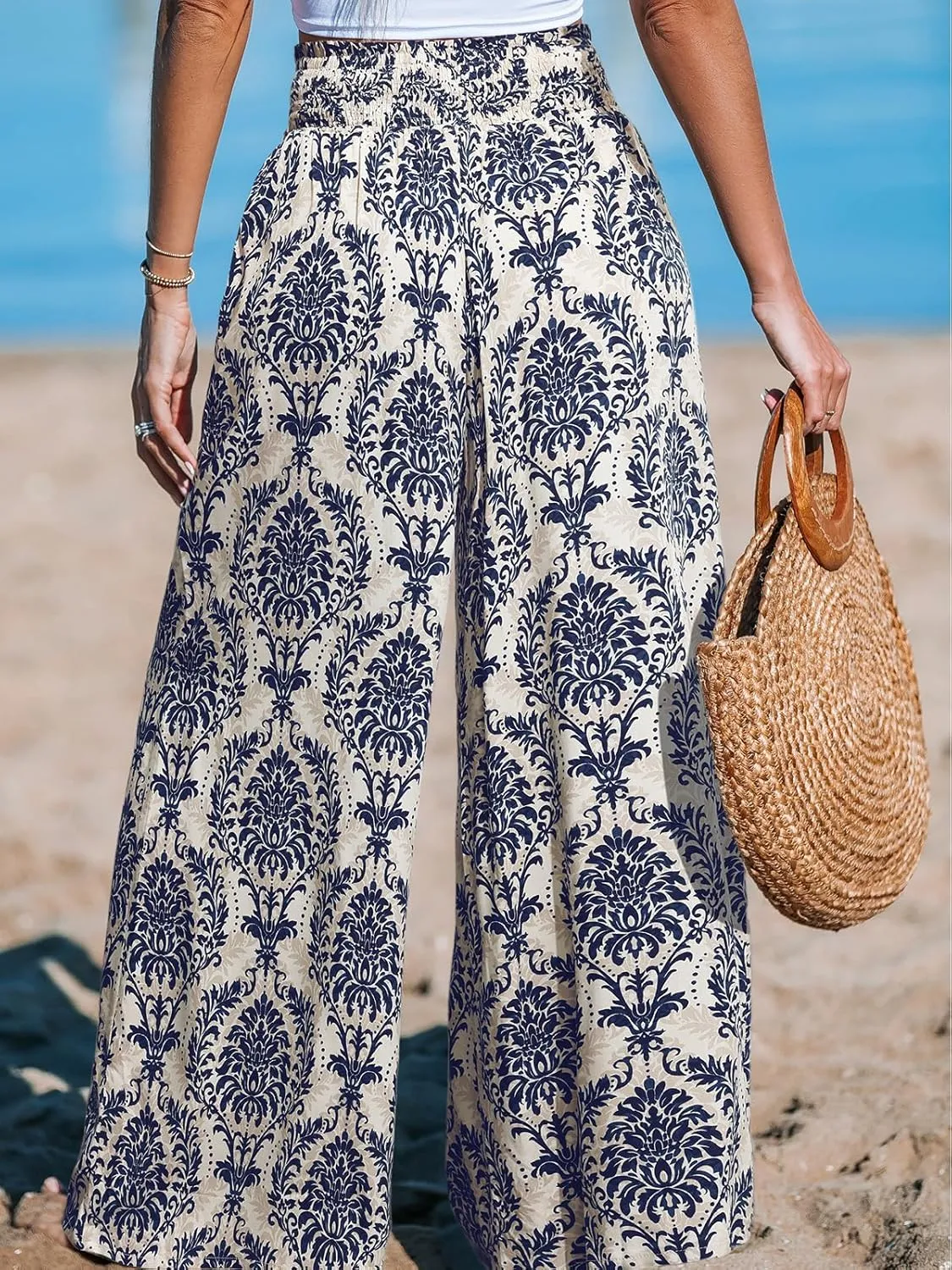 CUPSHE Womens Wide Leg Pants Elastic High Waisted Beach Trousers Cotton Linen Summer Palazzo