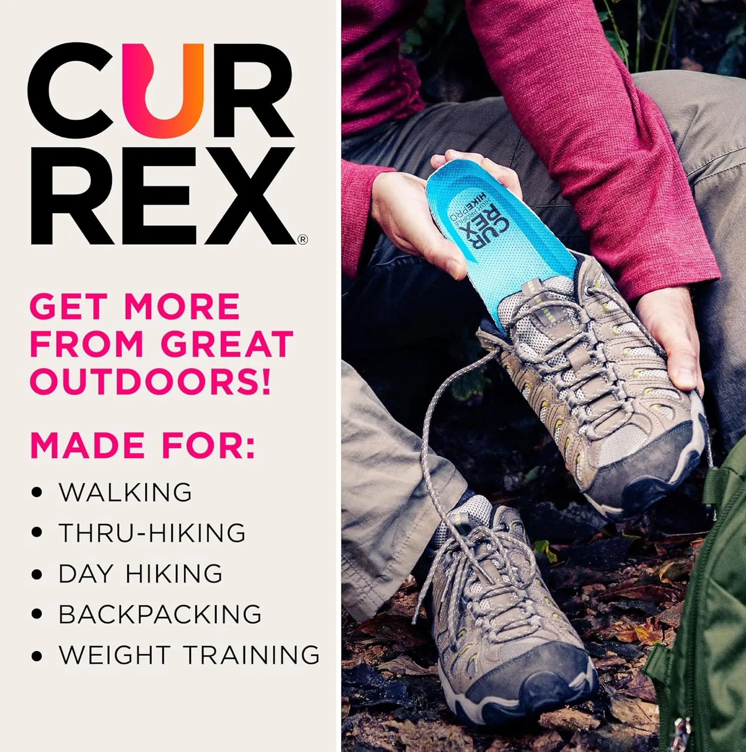 CURREX HikePro Insoles for Hiking Boots & Shoes – Shock Absorbing Inserts to Help Reduce Fatigue and Increase Performance – Anti-Slip Heel Surface for Stability – for Men & Women – Low Arch, 2X