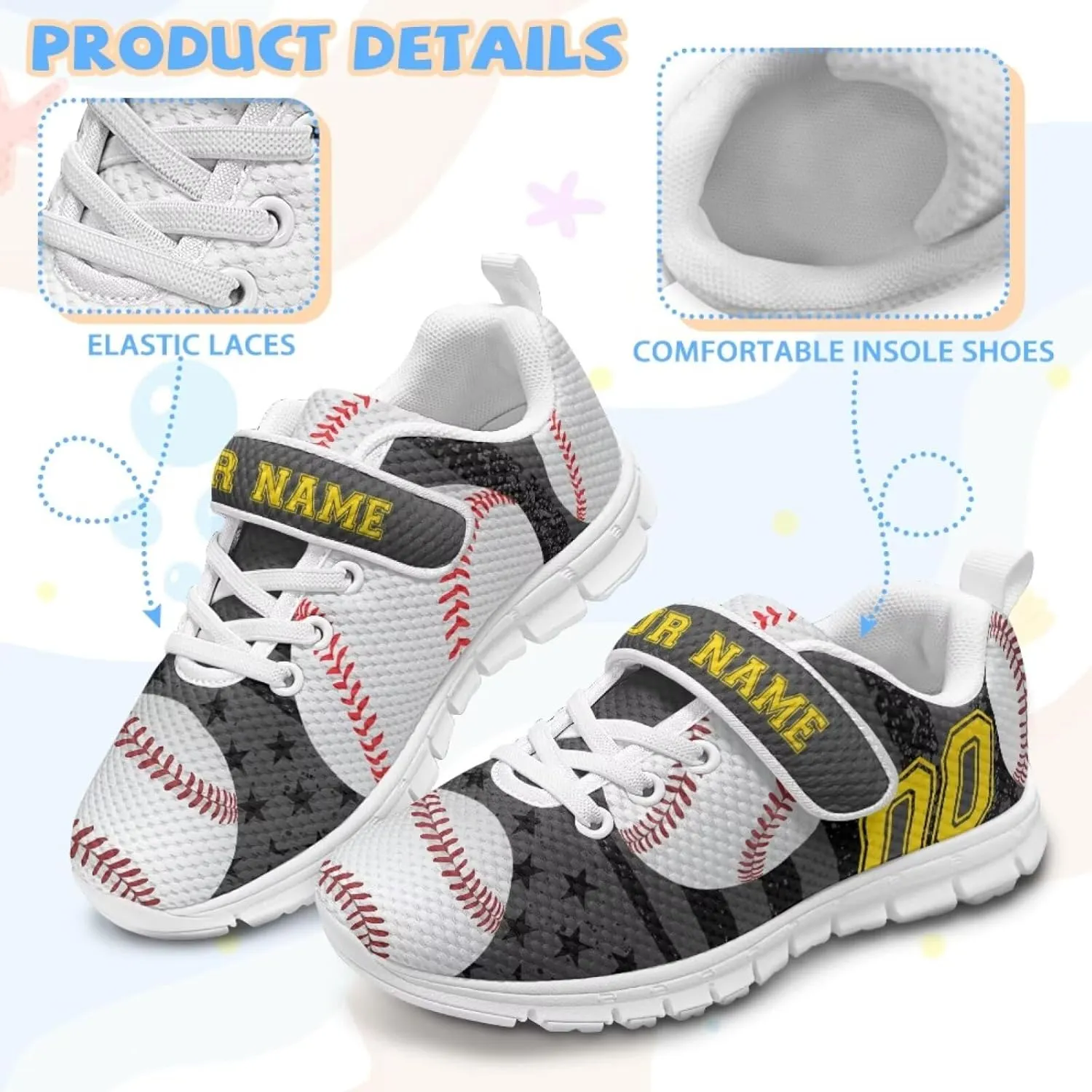 Custom Name Number Running Shoes Boys Ball Pattern Sneakers Breathable Tennis Shoes School Shoes Single Buckle Kids Footwear