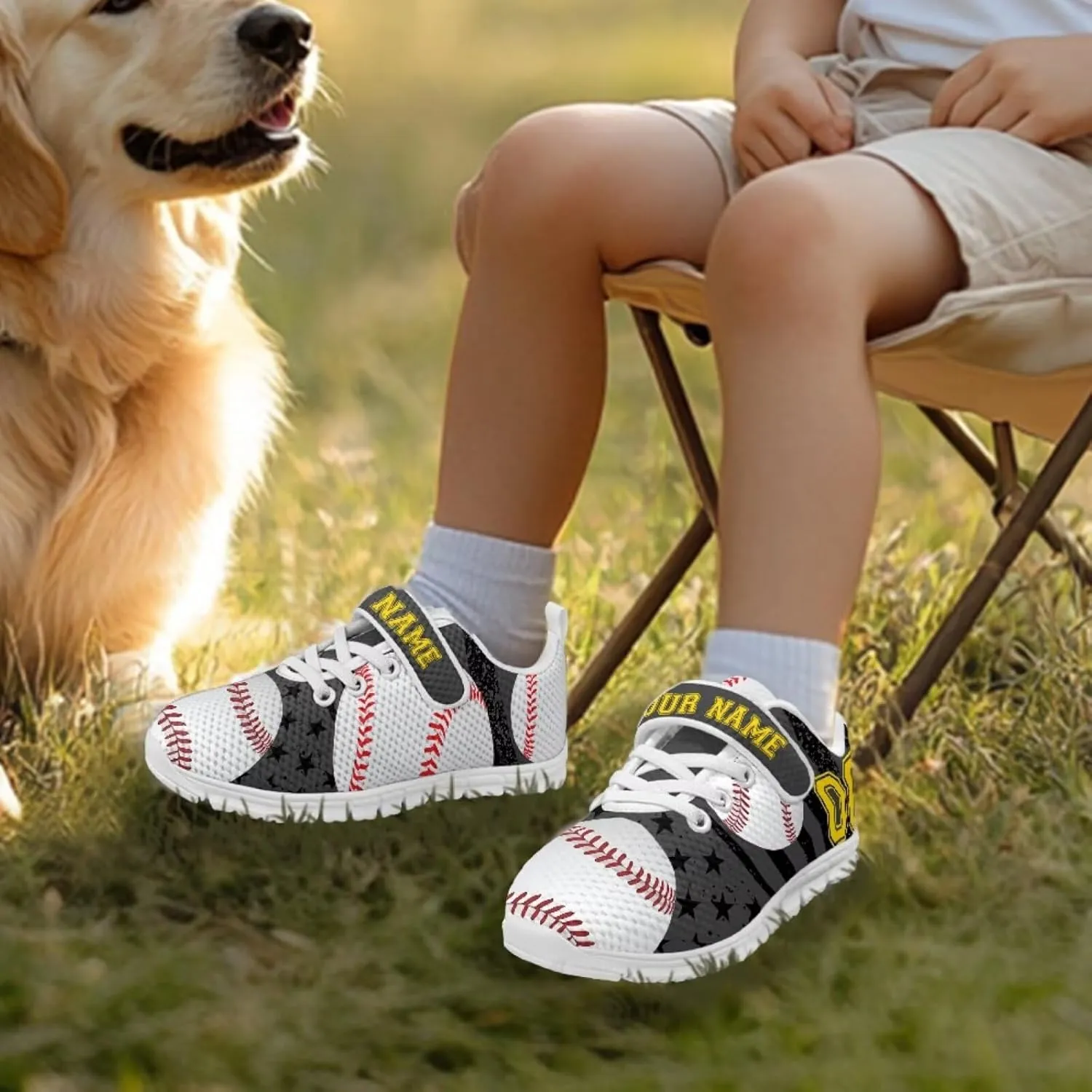 Custom Name Number Running Shoes Boys Ball Pattern Sneakers Breathable Tennis Shoes School Shoes Single Buckle Kids Footwear