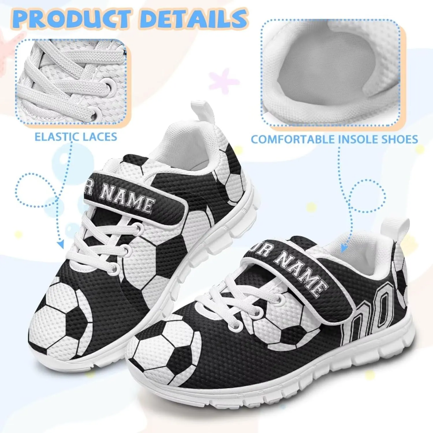 Custom Name Number Running Shoes Boys Ball Pattern Sneakers Breathable Tennis Shoes School Shoes Single Buckle Kids Footwear