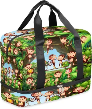 Cute Animal Monkey Jungle Sports Gym Bag for Men Women Forest Tree Travel Duffel Bag with Shoes Compartment Workout Weekender Overnight Bag Dance Bag for Kids Girls Boys Teens