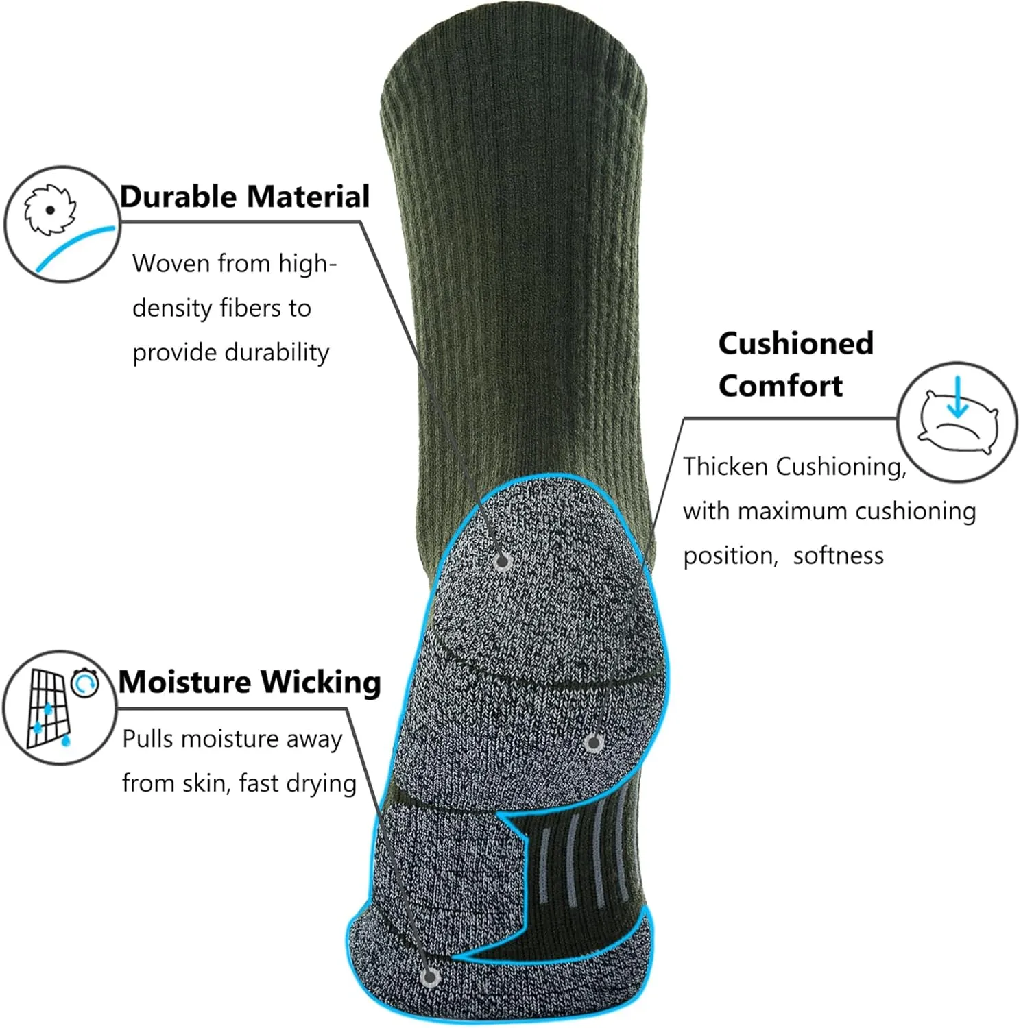 CWVLC Crew Hiking Socks, Cushion, Moisture Wicking, Arch Compression Boot Socks