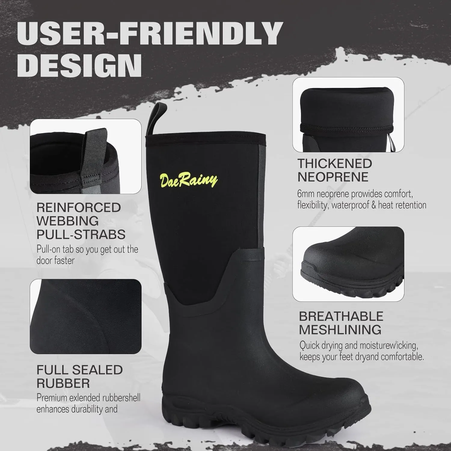 DaeRainy Rubber Rain Boots for Women Waterproof Boots Durable Neoprene Boots Insulated Mud Hunting Work Shoes for Outdoor Fsh Pond, Gradens,Hike,Farms