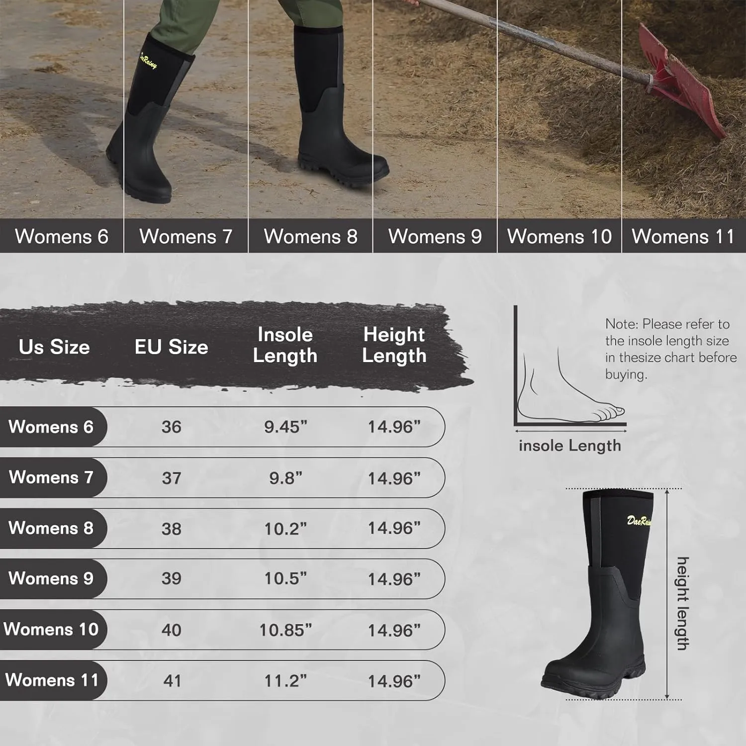 DaeRainy Rubber Rain Boots for Women Waterproof Boots Durable Neoprene Boots Insulated Mud Hunting Work Shoes for Outdoor Fsh Pond, Gradens,Hike,Farms