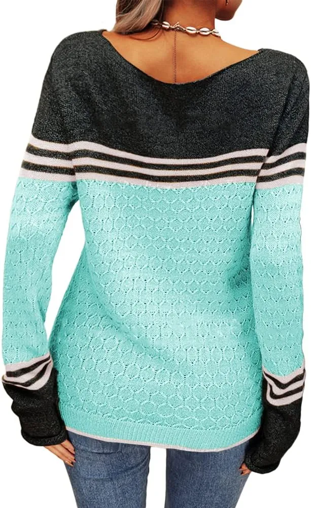 Danedvi Women Autumn Winter Colorblock Pullover Sweaters Round Neck Striped Slim Fitting Knitwear Tops