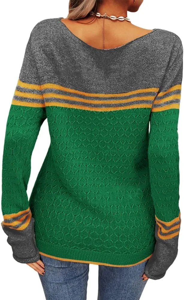 Danedvi Women Autumn Winter Colorblock Pullover Sweaters Round Neck Striped Slim Fitting Knitwear Tops