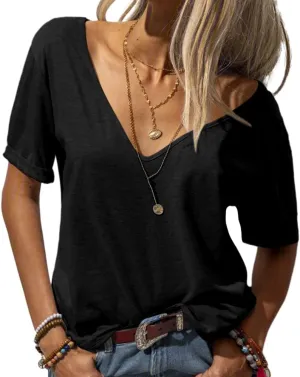 Danedvi Women Fashion Deep V-Neck Short Sleeve Tops Solid Casual Loose Basic T Shirt