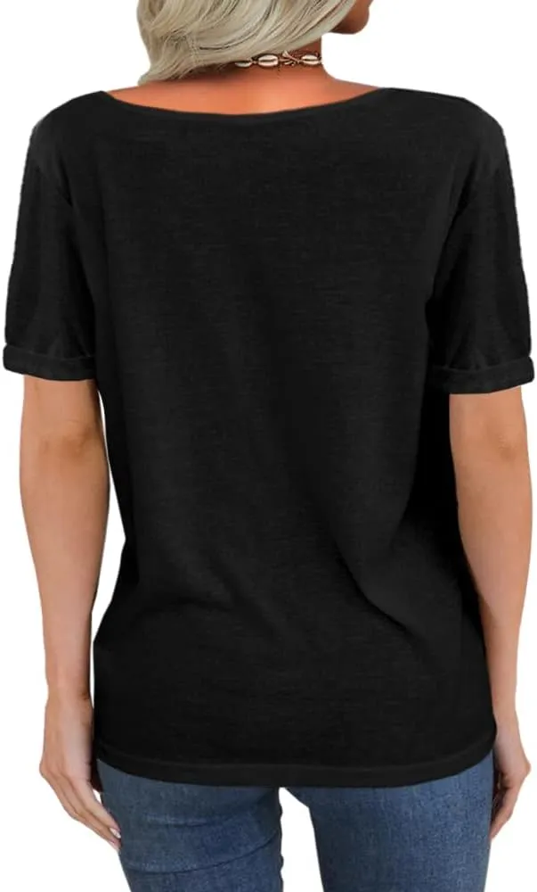 Danedvi Women Fashion Deep V-Neck Short Sleeve Tops Solid Casual Loose Basic T Shirt