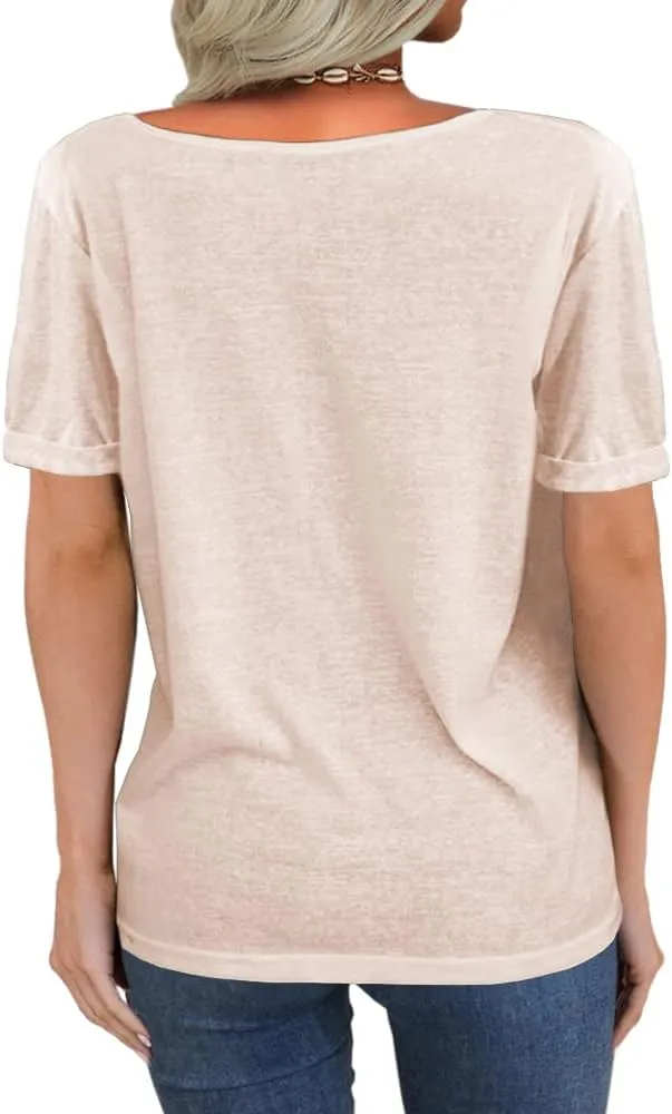 Danedvi Women Fashion Deep V-Neck Short Sleeve Tops Solid Casual Loose Basic T Shirt