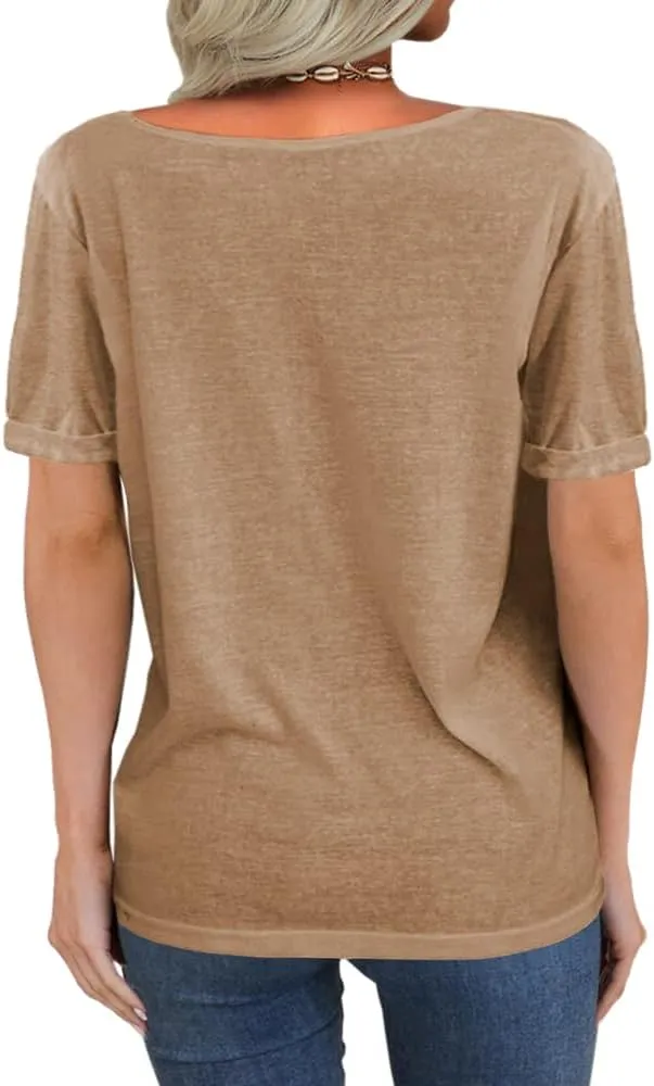 Danedvi Women Fashion Deep V-Neck Short Sleeve Tops Solid Casual Loose Basic T Shirt
