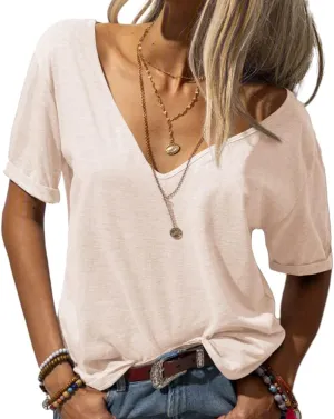 Danedvi Women Fashion Deep V-Neck Short Sleeve Tops Solid Casual Loose Basic T Shirt
